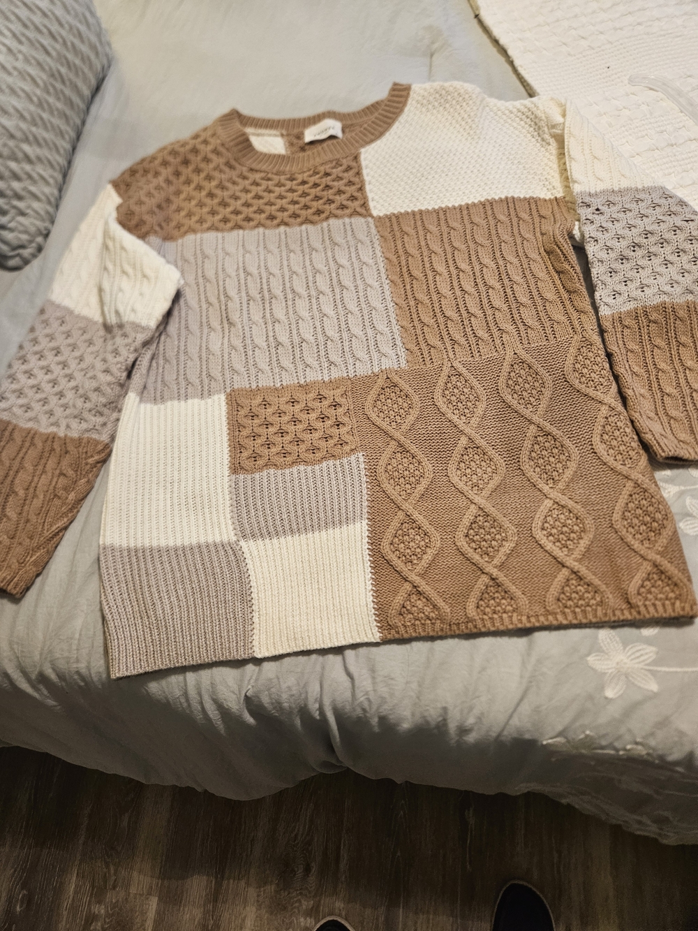 ANDREE BY UNIT Patchwork Cable Crewneck Sweater - Beige, Cream, Taupe